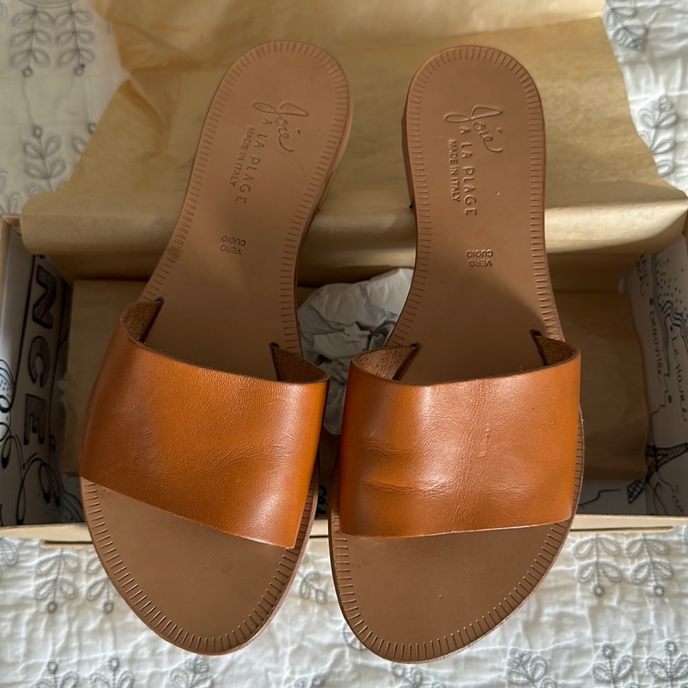 Joie La Playa Saddle Tan Leather Slides, size 39